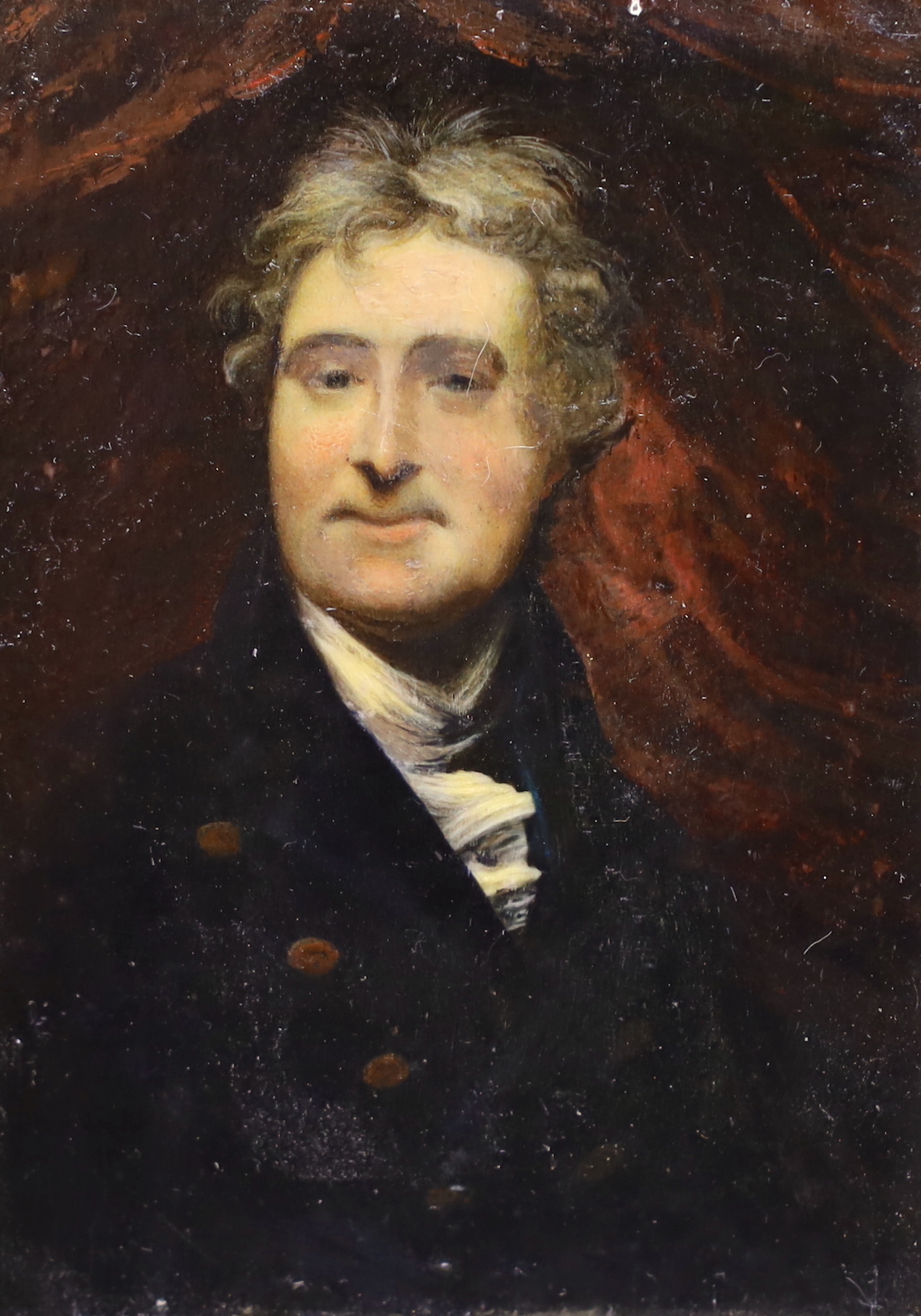 B. F. Scott (18th/19th. C), oil on board, Portrait of Sir David Erskine, 11th Earl of Buchan (1742-1829), inscribed Cider House Galleries label verso, 9 x 6cm, ornate gilt frame